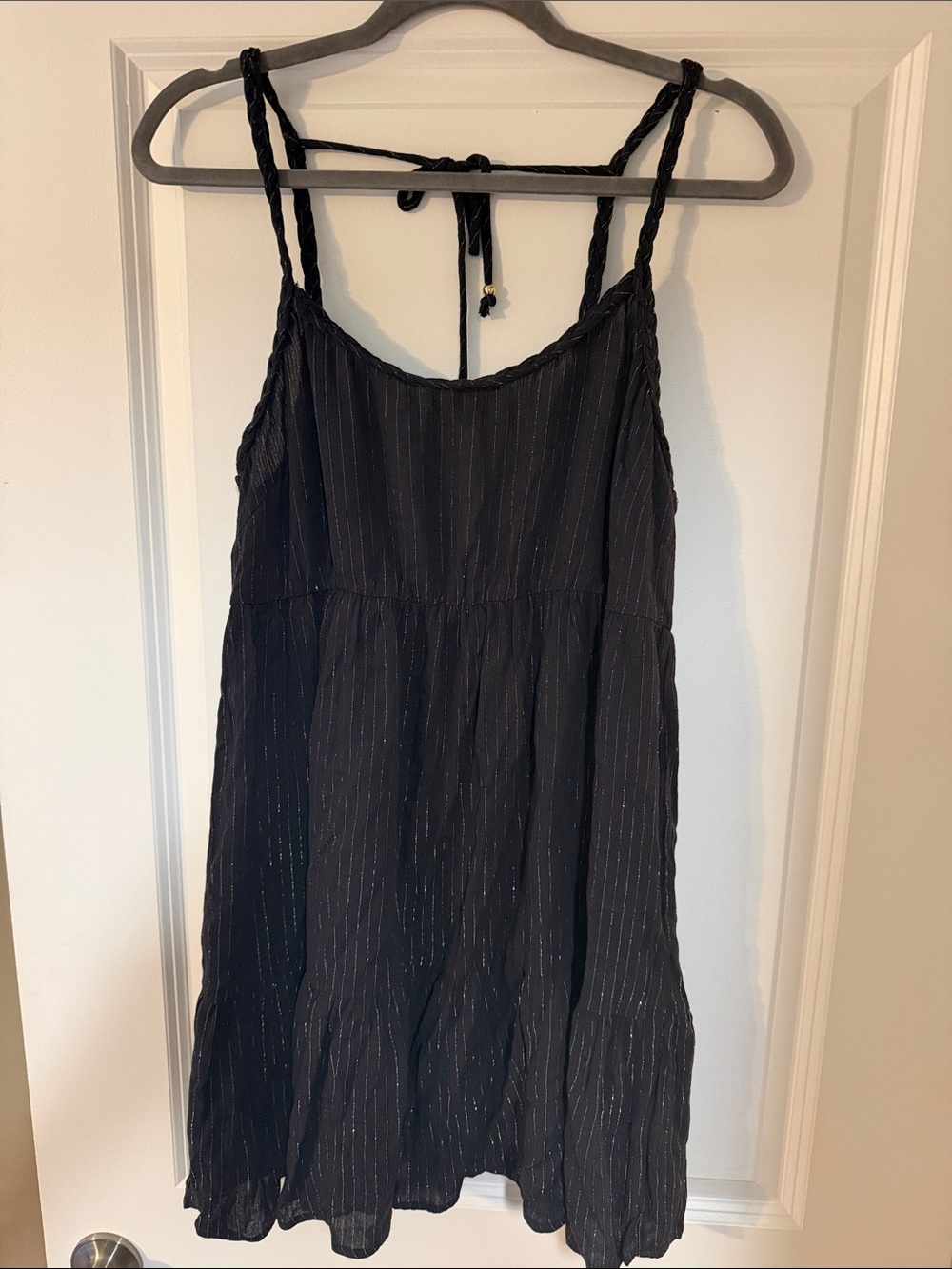 Macy's Black Pinstripe Metallic Thread Dress